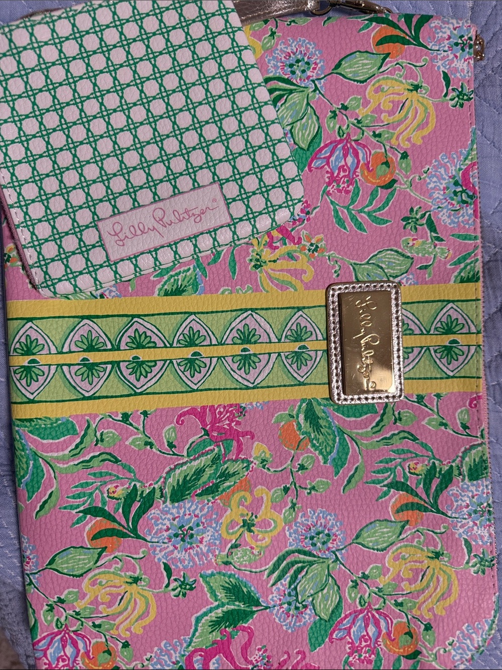 Lilly Pulitzer laptop sleeve Pink Green Yellow Floral  Gold Plaque